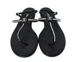 Chanel Black Lambskin Leather Interlocking CC Rhinestone Thong Sandals