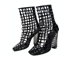 Yves Saint Laurent 2009 Runway Black Patent Leather Cage Boots