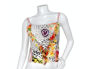 Just Cavalli Y2K Ruffle & Multicolor Abstract Floral Print  Mesh Tank Top