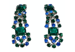 Dangle Blue & Green Rhinestone Silver-Tone Clip-On Earrings