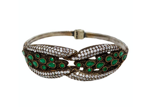 Vintage Sterling Silver Clamper Bracelet With Green Stone & Crystal Accents