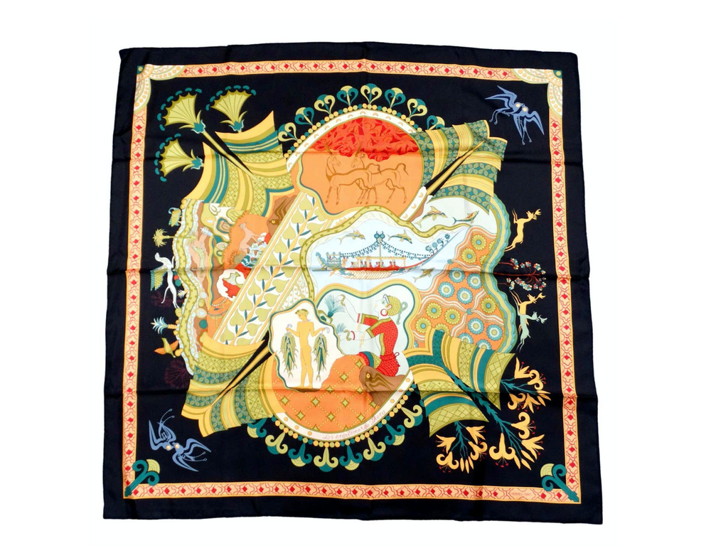 Hermes "Les Printemps de Thera" 90 cm Black Silk Printed Scarf