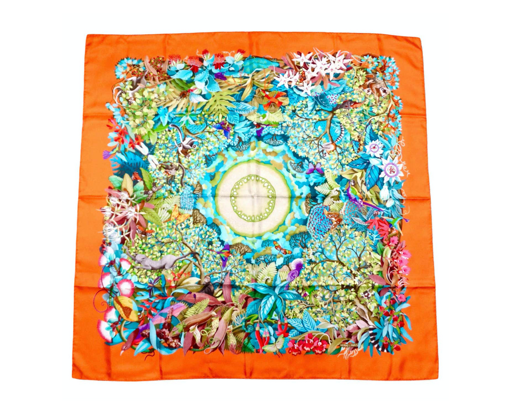 Hermes "Au Coeur de La Vie" 90 cm Orange Rainforest Print Silk Scarf