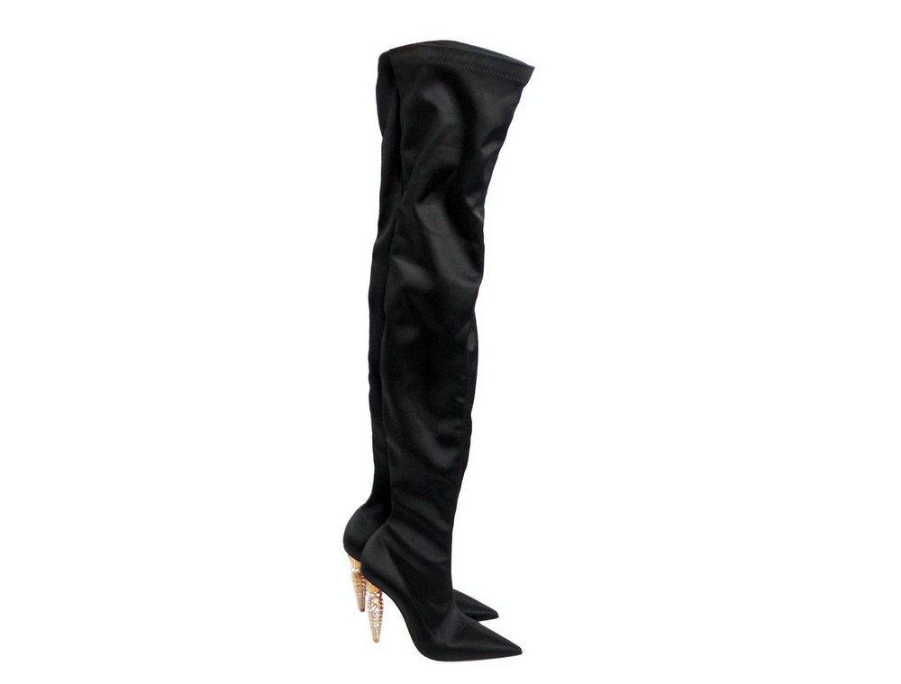 Christian Louboutin Black Silk Lipstrass Thigh-High Boots