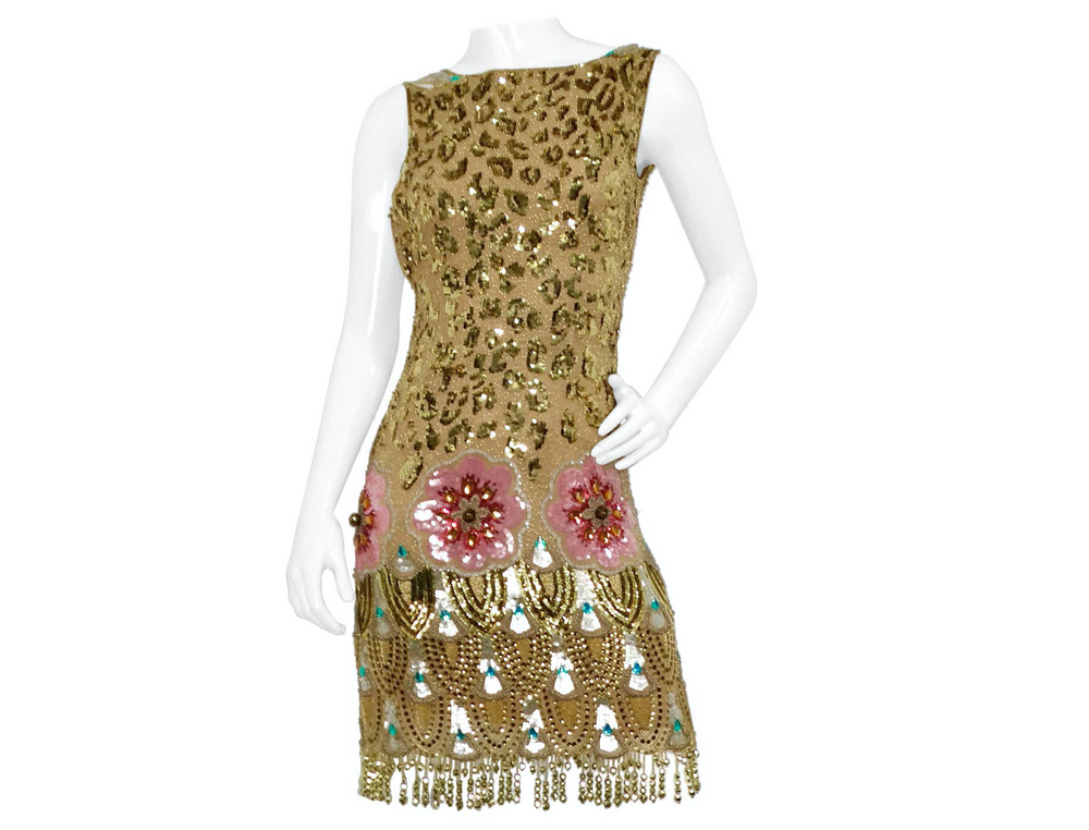 Jenny Packham Golden Leopard & Floral Print Beaded Sequins Sleeveless Dress