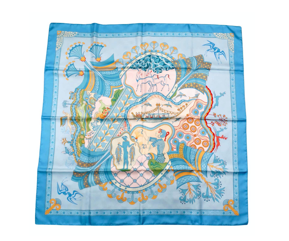 Hermes "Les Printemps de Thera" 90 cm Blue Silk Printed Scarf