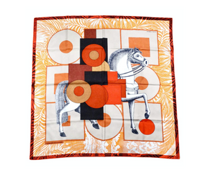 Hermes "Cavalier en Formes" 90 cm Orange Silk Horse Print Scarf