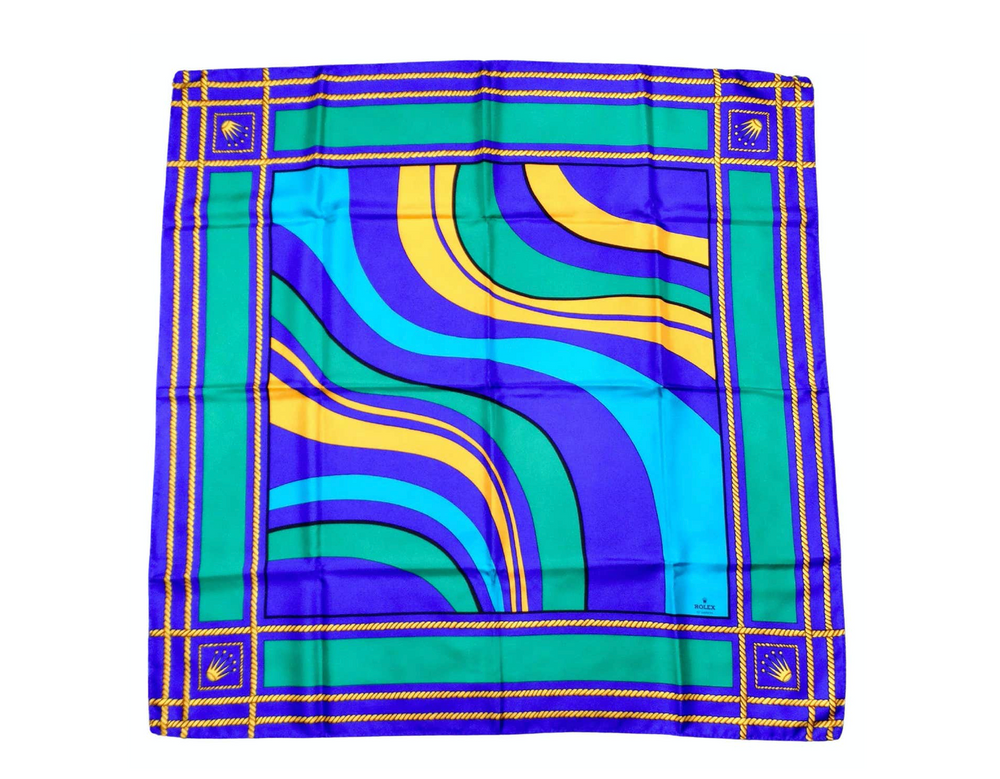 Rolex Vintage 1980s Blue & Green Silk Wave Print Scarf