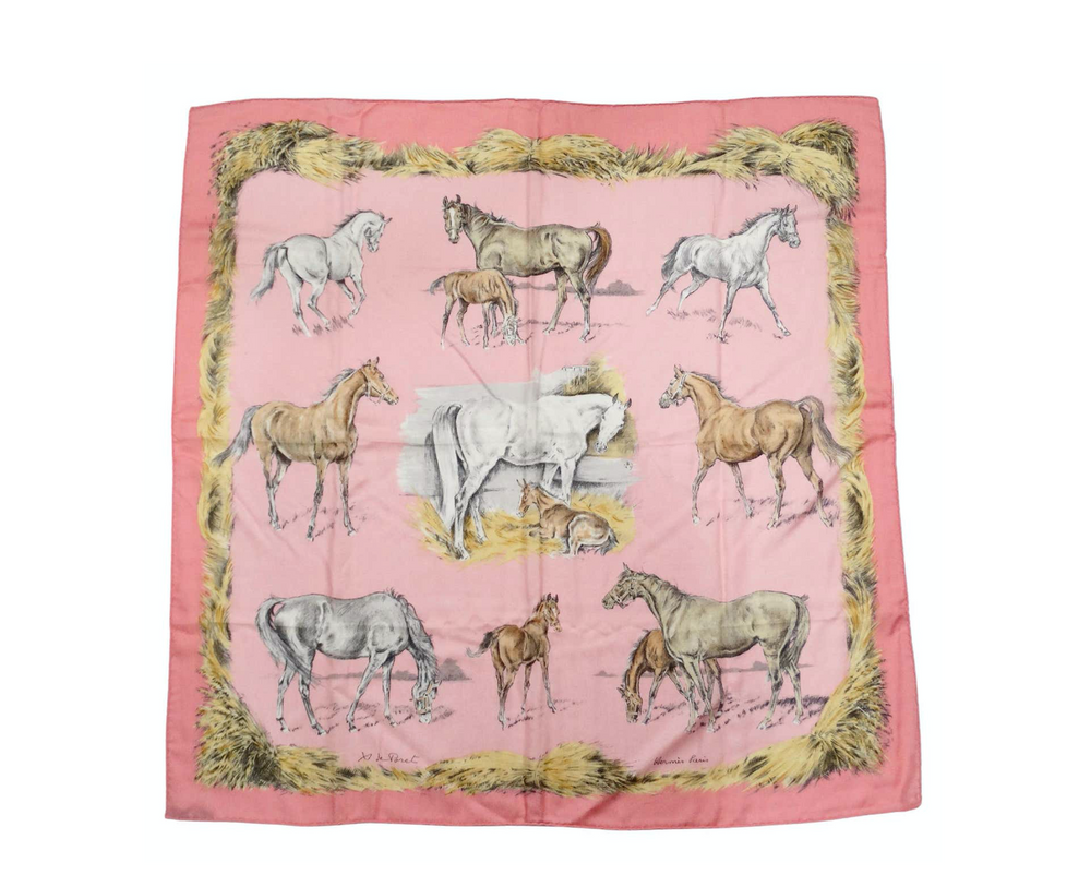 Hermes x Xavier De Poret 1960 "Les Poulains" 90 cm Horse Print Cashmere Scarf