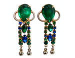 Vintage Emerald Green & Sapphire Blue Rhinestone Dangle Clip-On Earrings