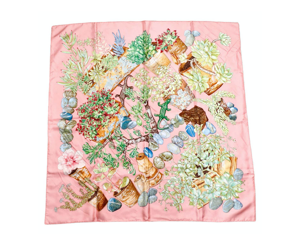 Hermes "Jardin Secret" 90 cm Pink Garden Print Silk Scarf