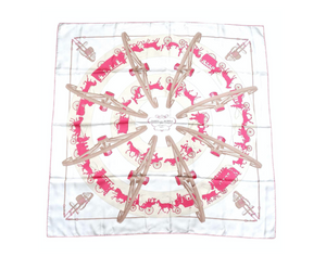 Hermes Vintage "Qui Roule" 90 cm White & Pink Carriages Print Scarf