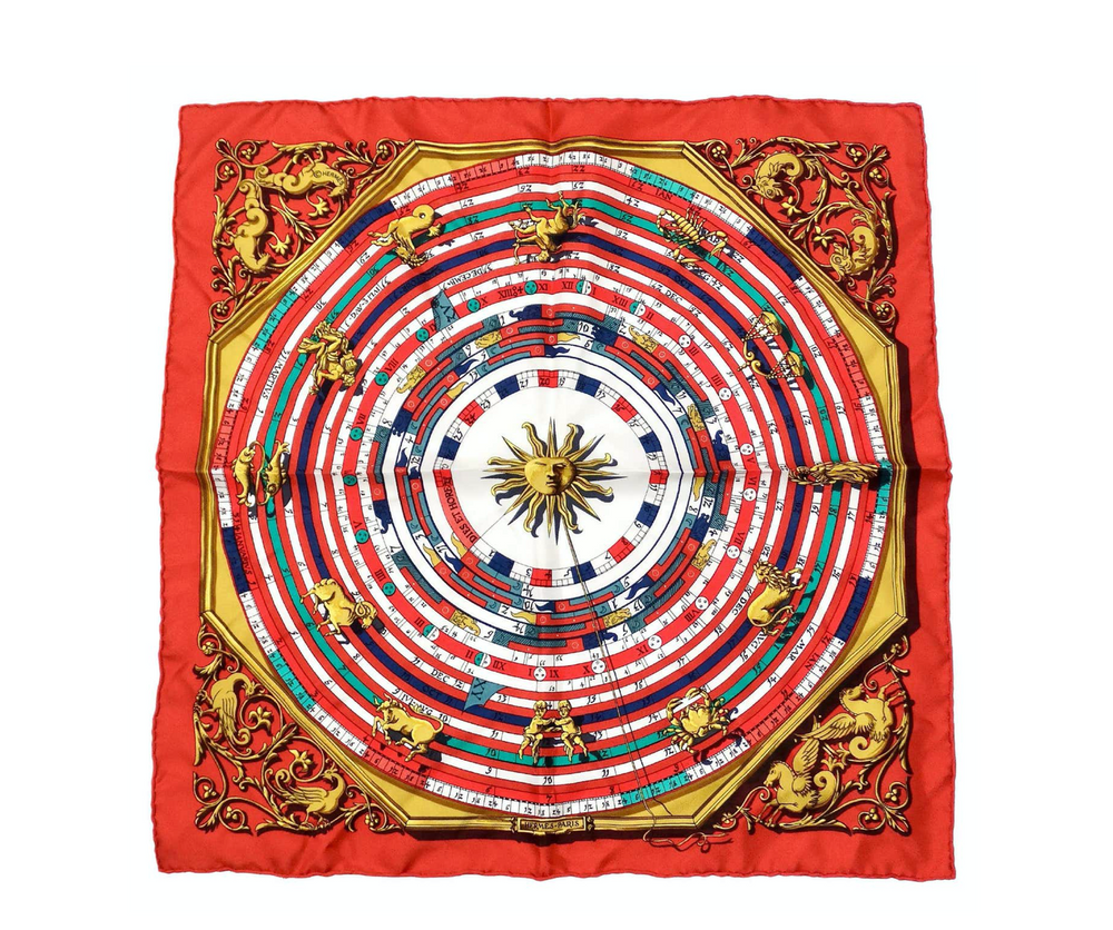 Hermes "Dies et Hore" 40 cm Red Astrology Print Silk Scarf