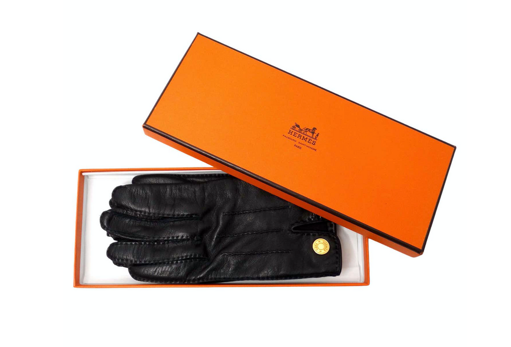 Hermes Sellier Black Lambskin Leather With Gold-Tone Button Gloves