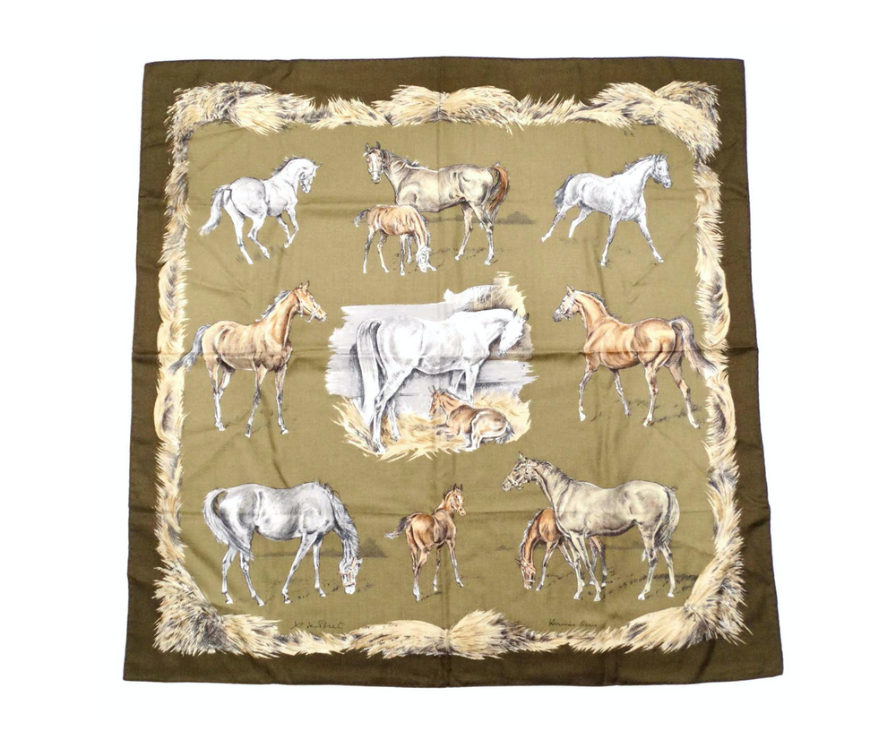 Hermes x Xavier De Poret 1960 "Les Poulains" 90 cm Horse Print Cashmere Scarf