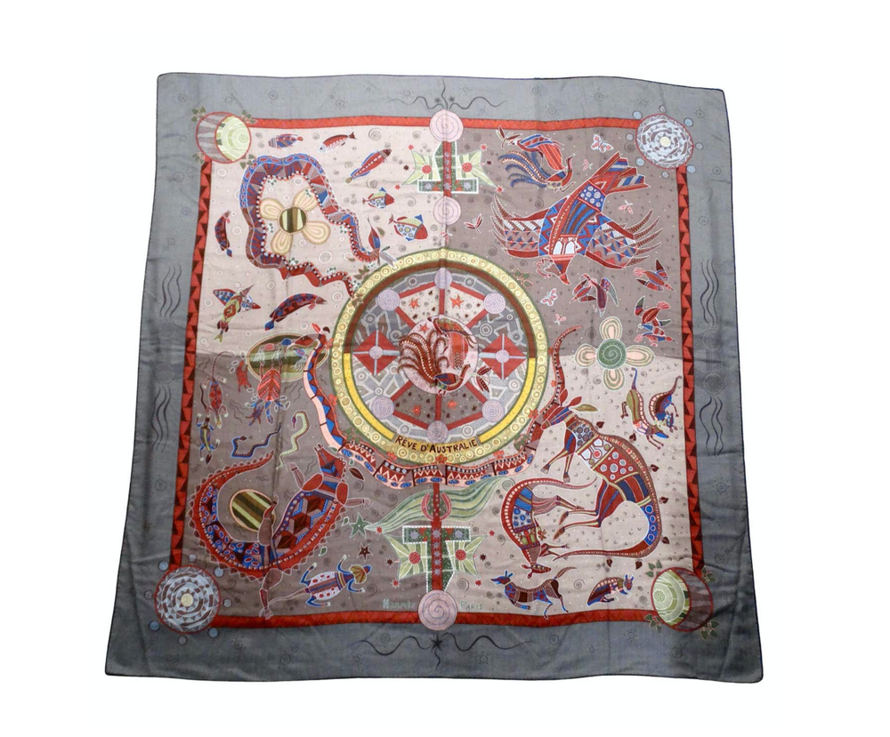 Hermes "Reve d'Australie" 140 cm Grey Cashmere & Silk Print Shawl