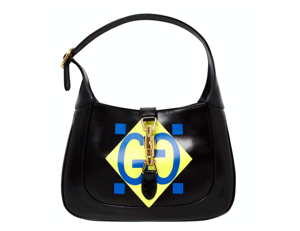 Gucci Small Jackie 1961 Black Calfskin Multicolor Geometric Logo Print Hobo Bag