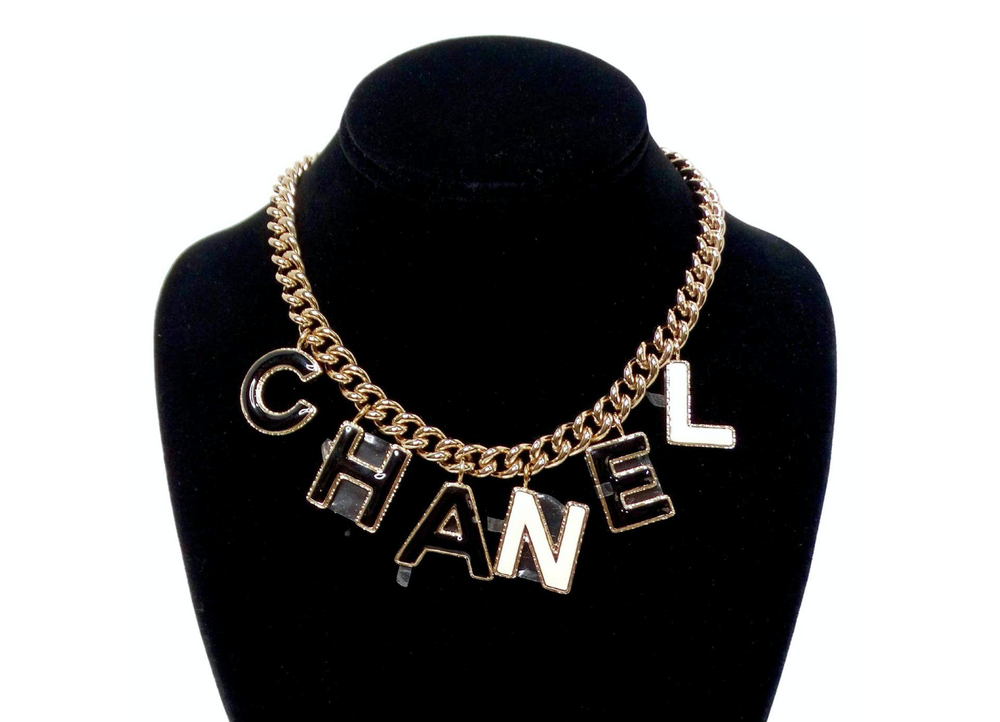 Chanel 2022 Gold-Tone Black & White Logo Charm Chain Link Necklace