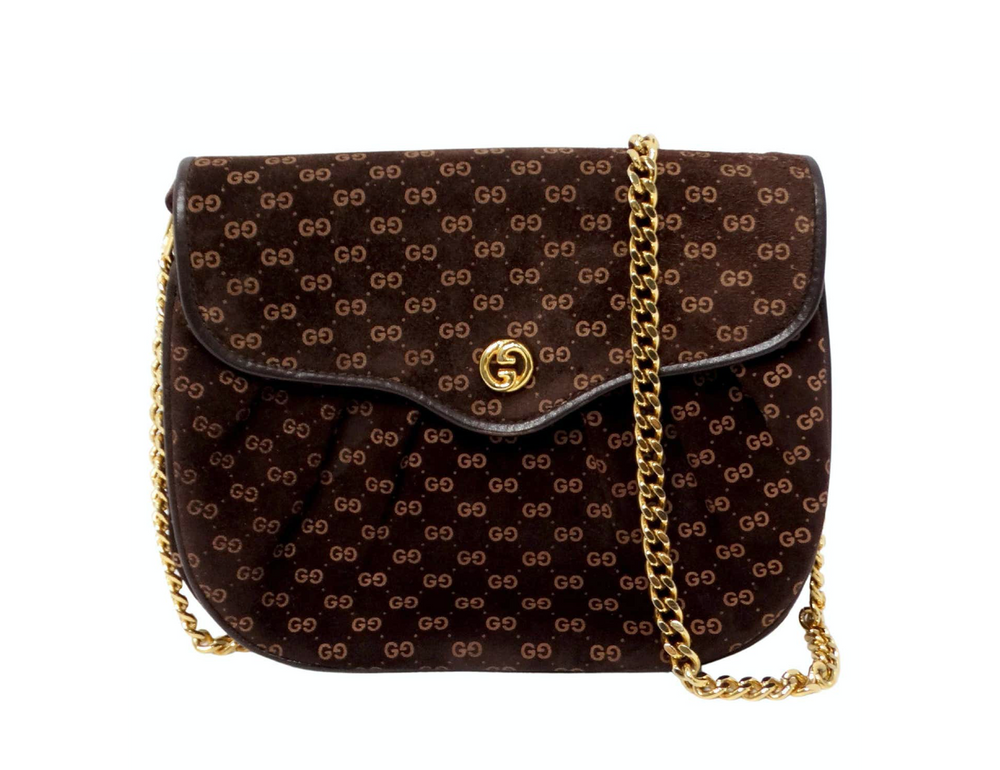 Gucci 1970s Brown Suede OG Monogram Blondie Gold-Tone Logo Mini Crossbody Bag