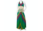 Rikma 1970s Green Multicolor Macrame Handmade Cotton Halter Maxi Dress