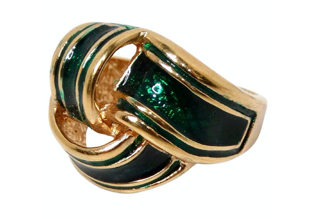 1990s 18k Gold Plated & Green Enamel Striped Ribbon Style Cocktail Ring