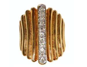 1990s 18k Gold Plated & Pave Crystal Ridged Statement Cocktail Ring