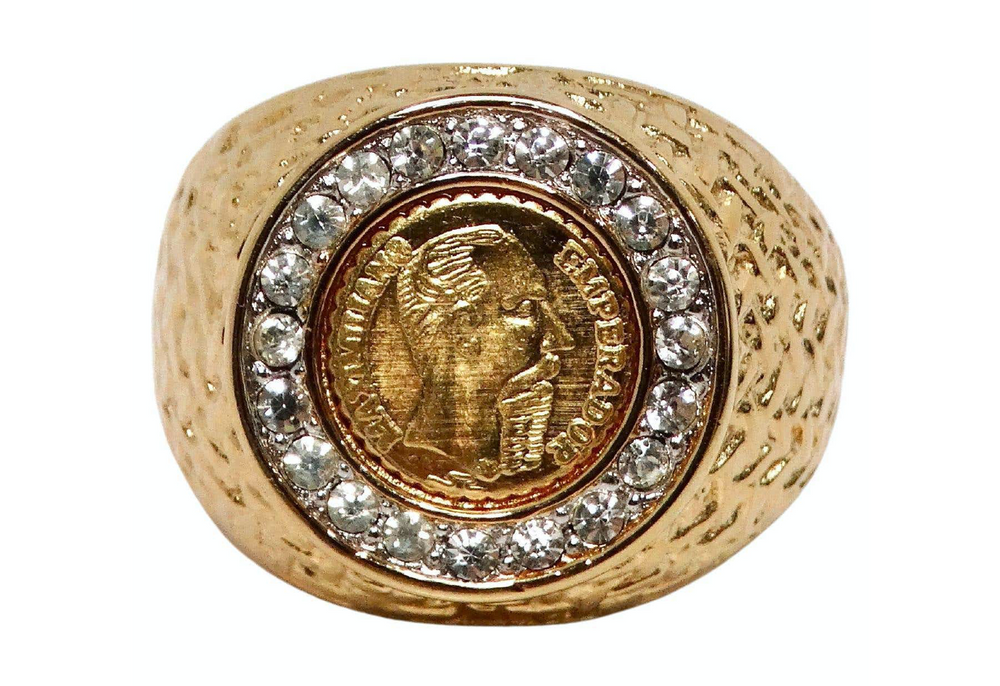 1990s "Maximillano Emperador" Coin 14k Gold Plated Crystal Etched Cocktail Ring