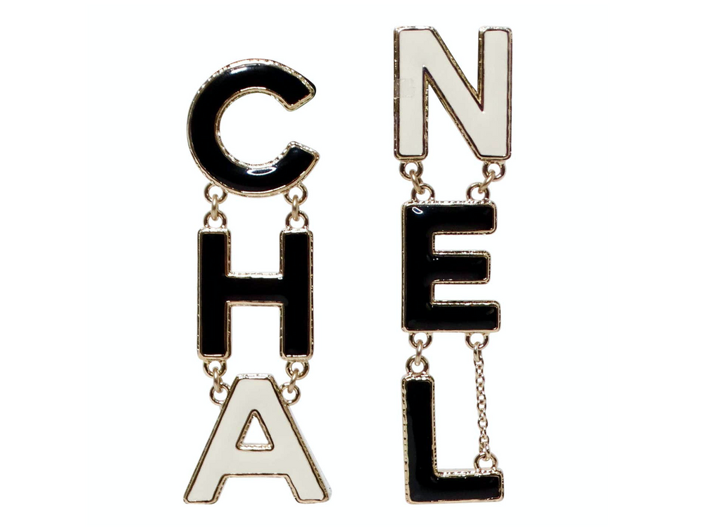 Chanel 2022 "CHA-NEL" Logo Gold-Tone Black & White Metal Enamel Drop Earrings