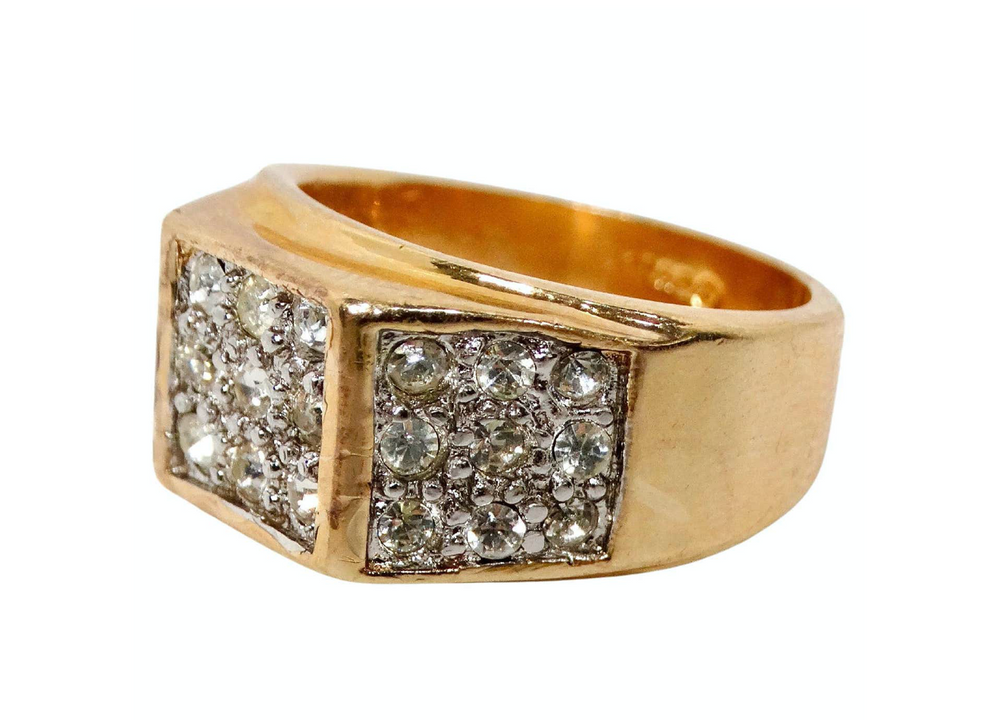 1990s Boxy 18k Gold Plated Crystal Encrusted Cocktail Ring