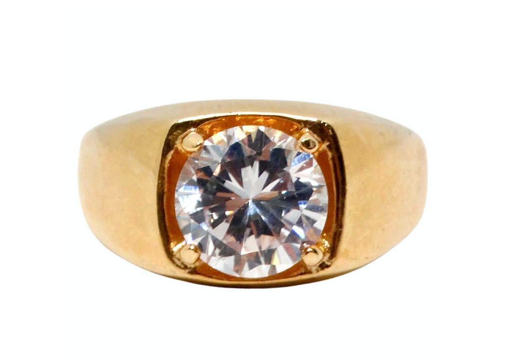 1990s Mens 18k Gold Plated Crystal Solitaire Ring