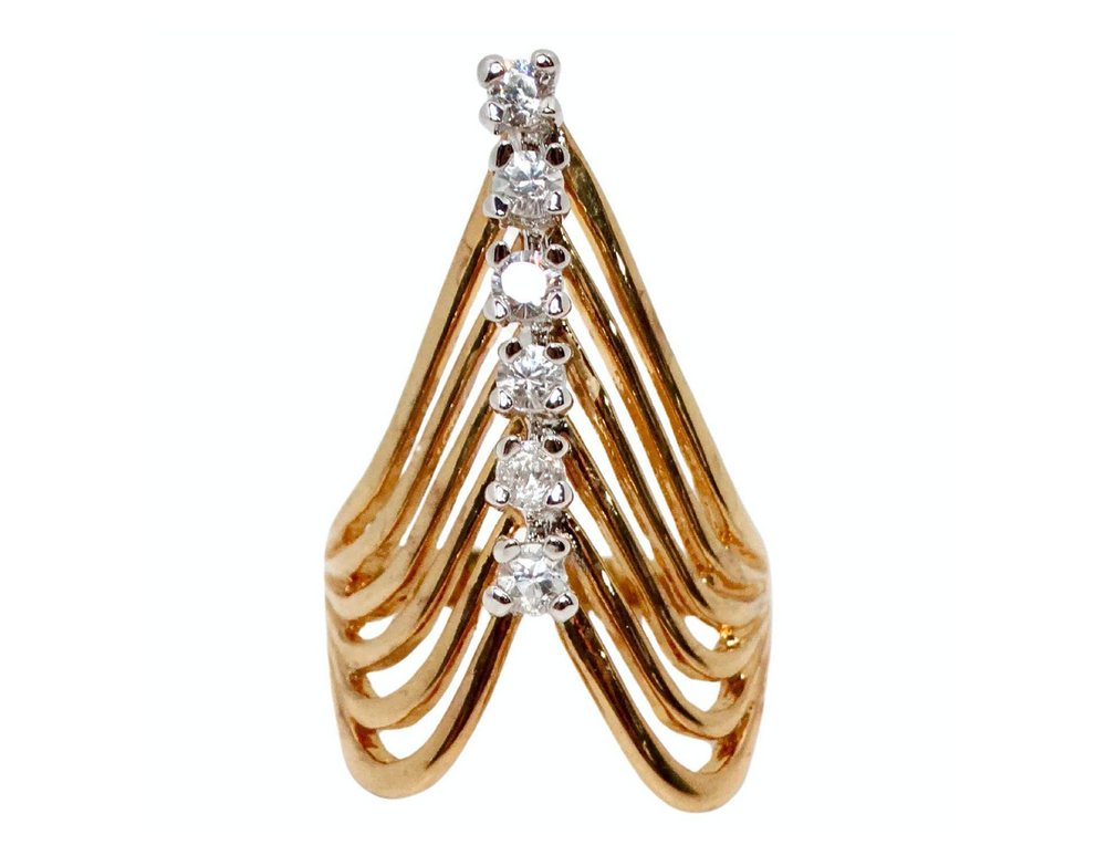 1990s Layered 18k Gold Plated V-Shape Crystal Fashion Ring