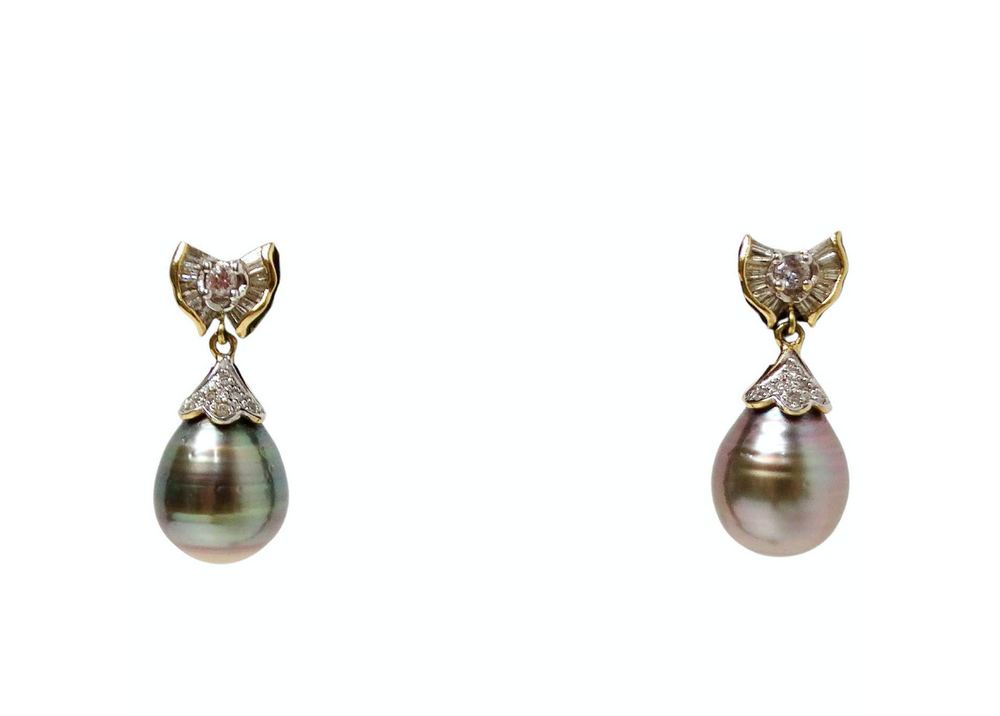 1960s Tahitian Pearl 14k Solid Yellow Gold Dangle Earrings With Diamonds