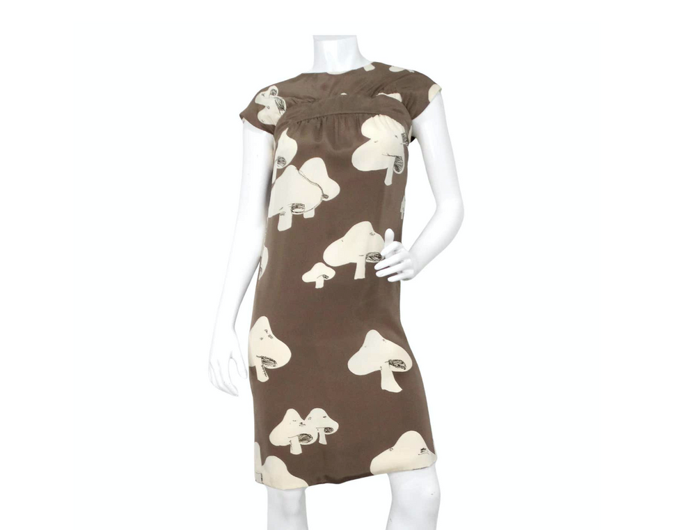 1960s Donald Brooks Mushroom Print Taupe Dress