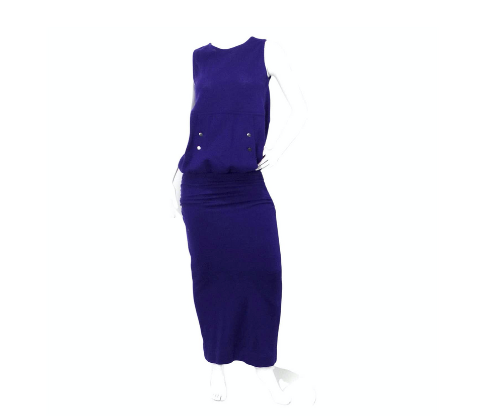 1980s Karl Lagerfeld Royal Purple Wool Ruched Maxi Dress