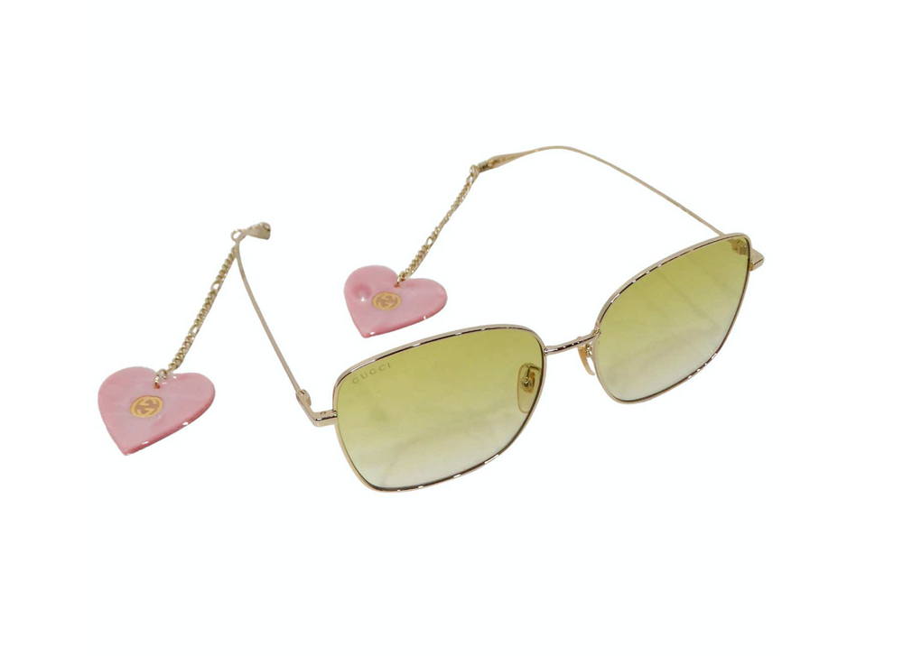 Gucci Gold-Tone Square Tinted Sunglass With Attachable Hanging Heart Charms