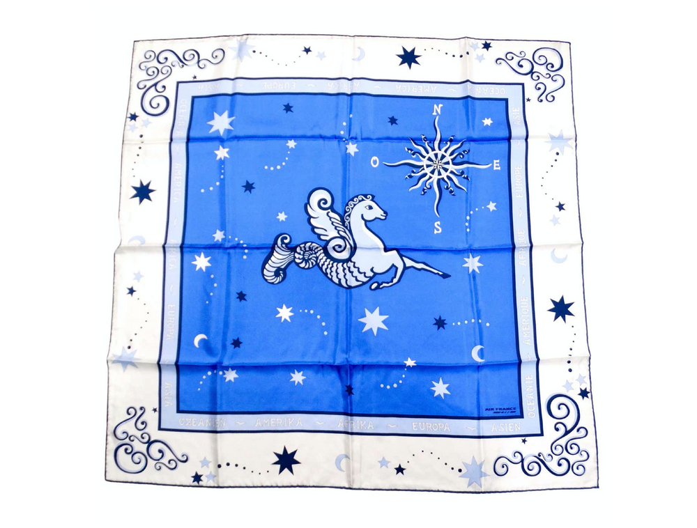 Vintage Air France Blue & White Hippocampus Print Silk Scarf