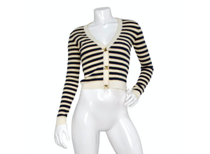 Valentino Navy, Cream & Gold Lurex Striped Rockstud Button Cropped Cardigan