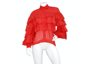 1970s Nina Ricci Orange-Red Polka Dot Tiered Ruffle Blouse