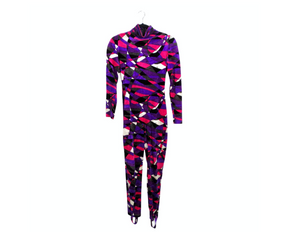 1980s Emilio Pucci Purple Geometric Print Velour High Neck Catsuit