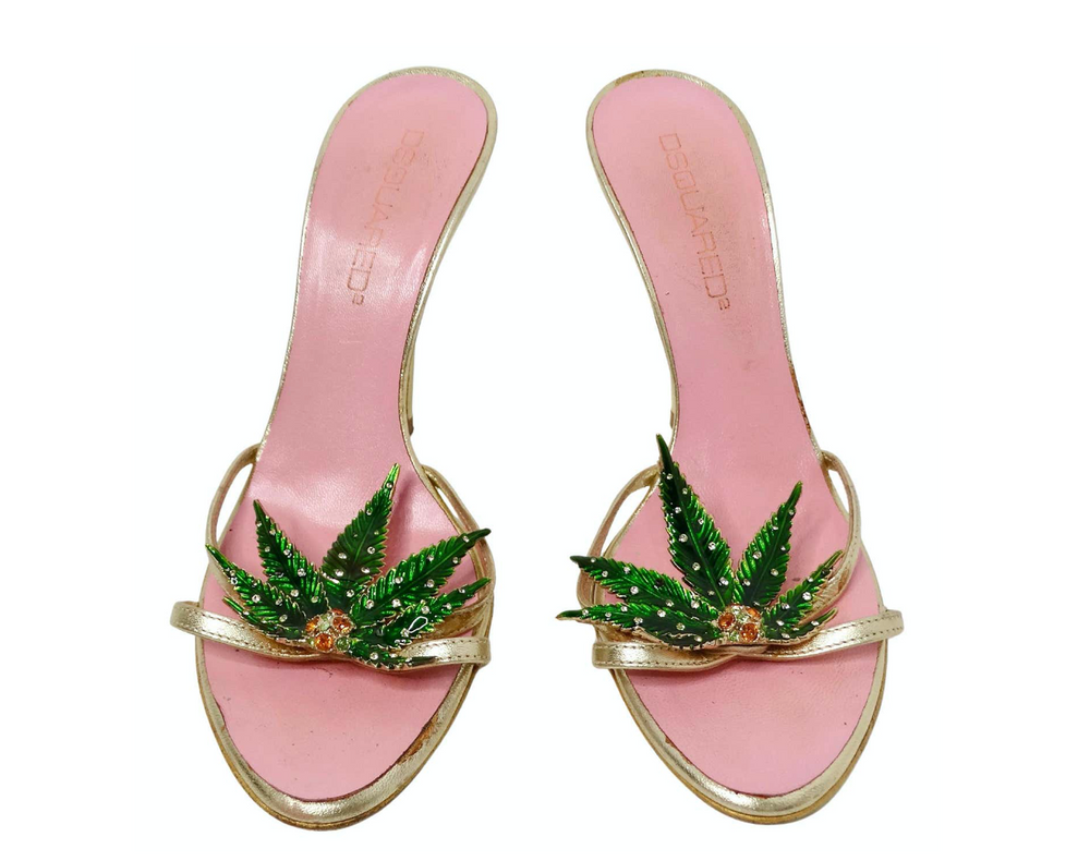 2005 Dsquared2 Marijuana Leaf Metallic Gold Sandal Heels