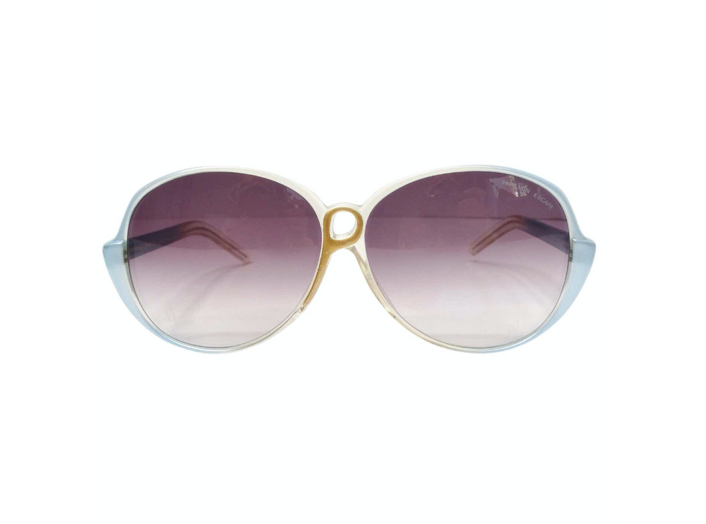 1980s Papillon Light Blue Tinted Purple Lens Oversized Round Sunglasses