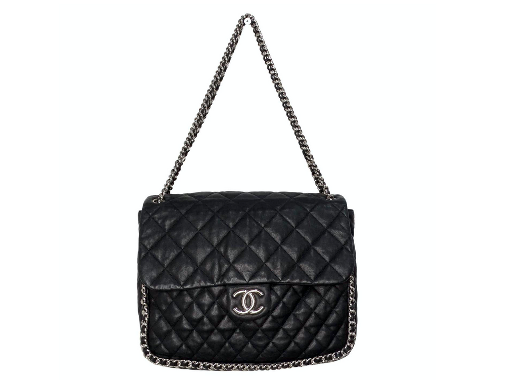 2015 Chanel Black Maxi Chain Around Quilted Washed Lambskin Flap-Bag