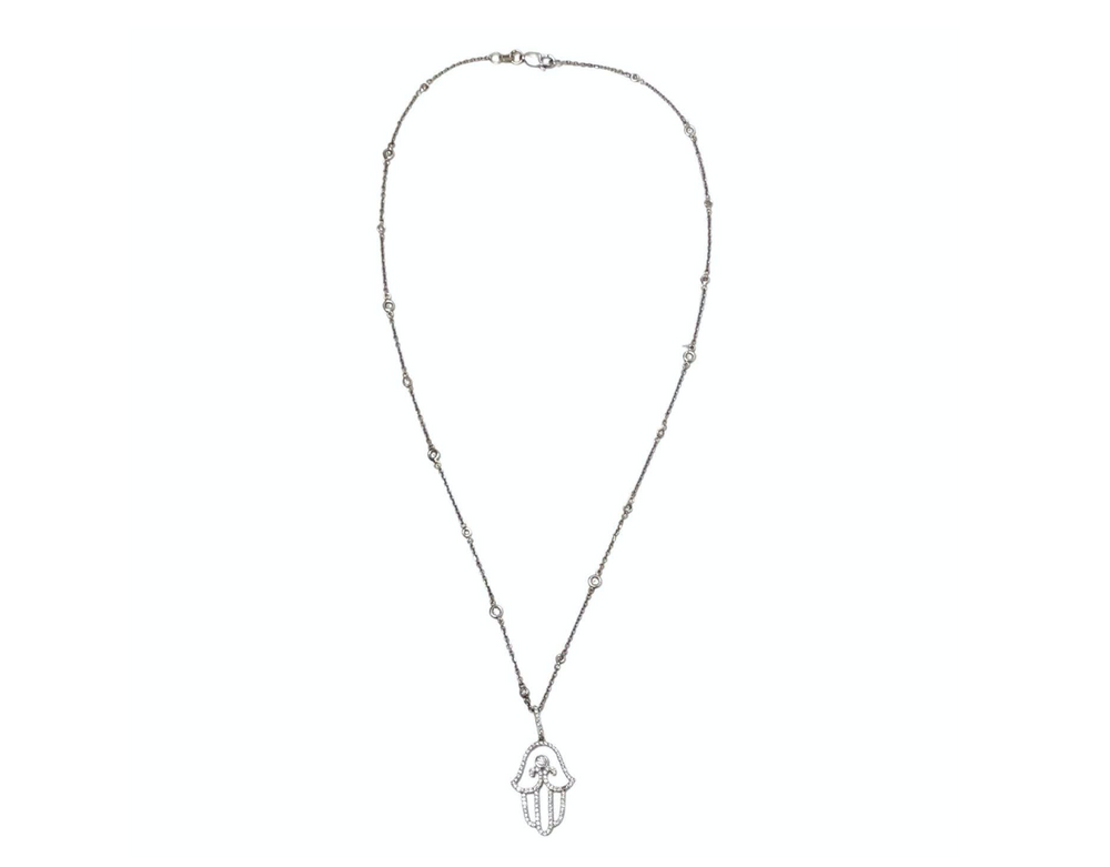 14k White Gold & 585 Hamsa Pendant Necklace With Diamonds