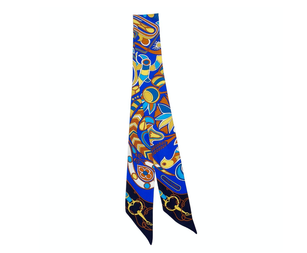 Hermes Blue & Yellow Folklore Print Silk Twilly