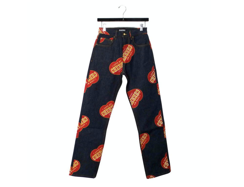 Cherry LA Heart Print Relaxed Five Pocket Indigo Denim Jeans