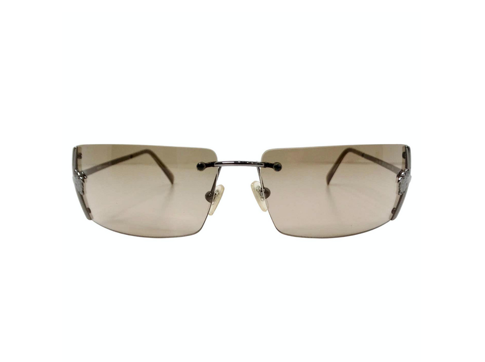 1990s Versace Medusa Brown Tinted Rectangular Rimless Shield Metal Sunglasses