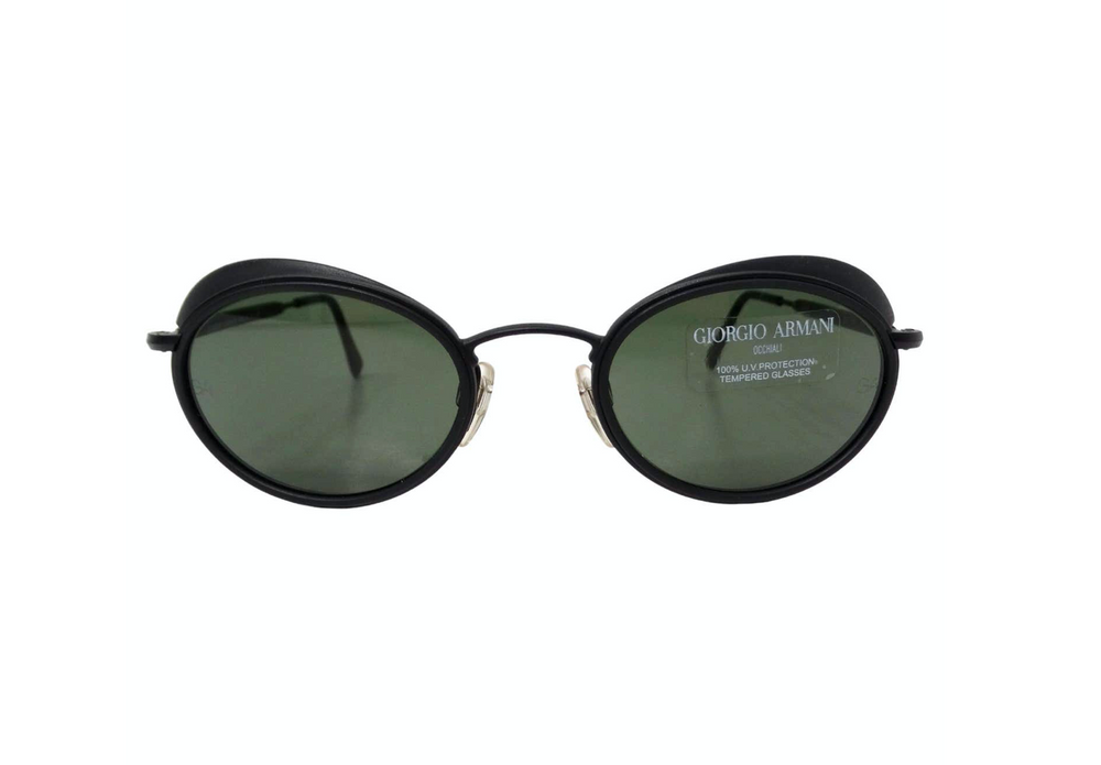 1990s Giorgio Armani Matte Black Oval Retro Frame Green Tinted Sunglasses