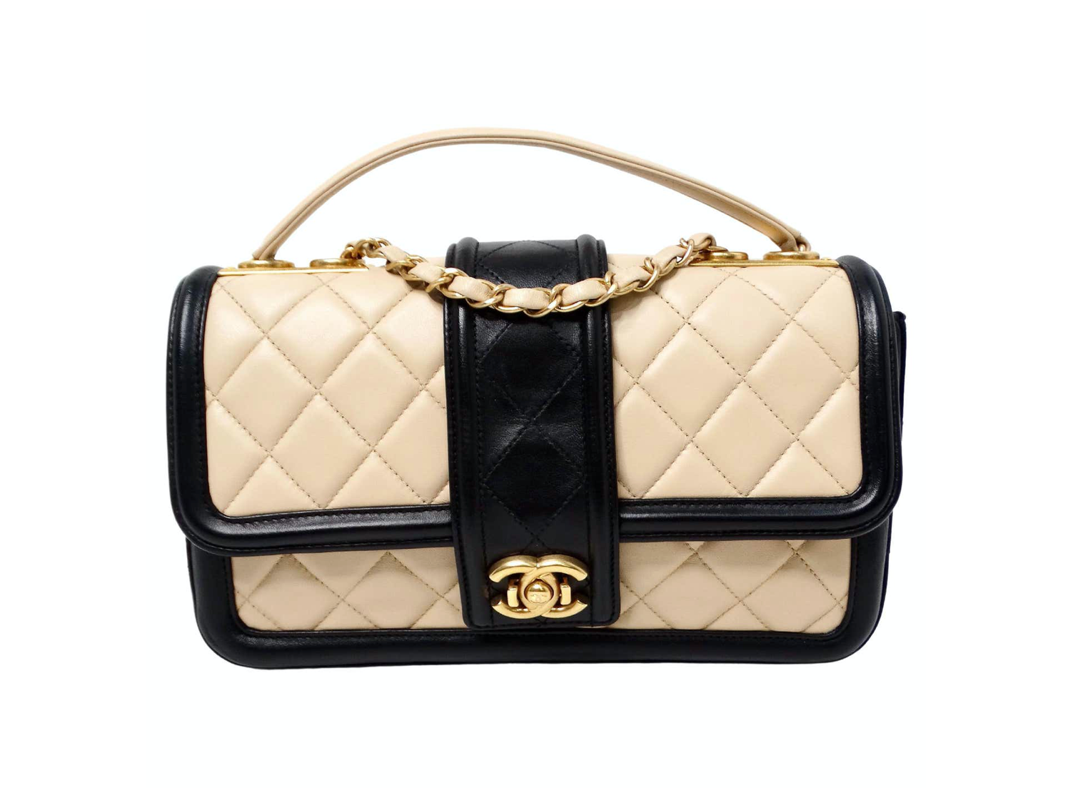 ノベルティCHANEL バッグ ベージュ ブラック 2014 Chanel Elegant CC Tan & Black Quilted Lambskin Flap Bag