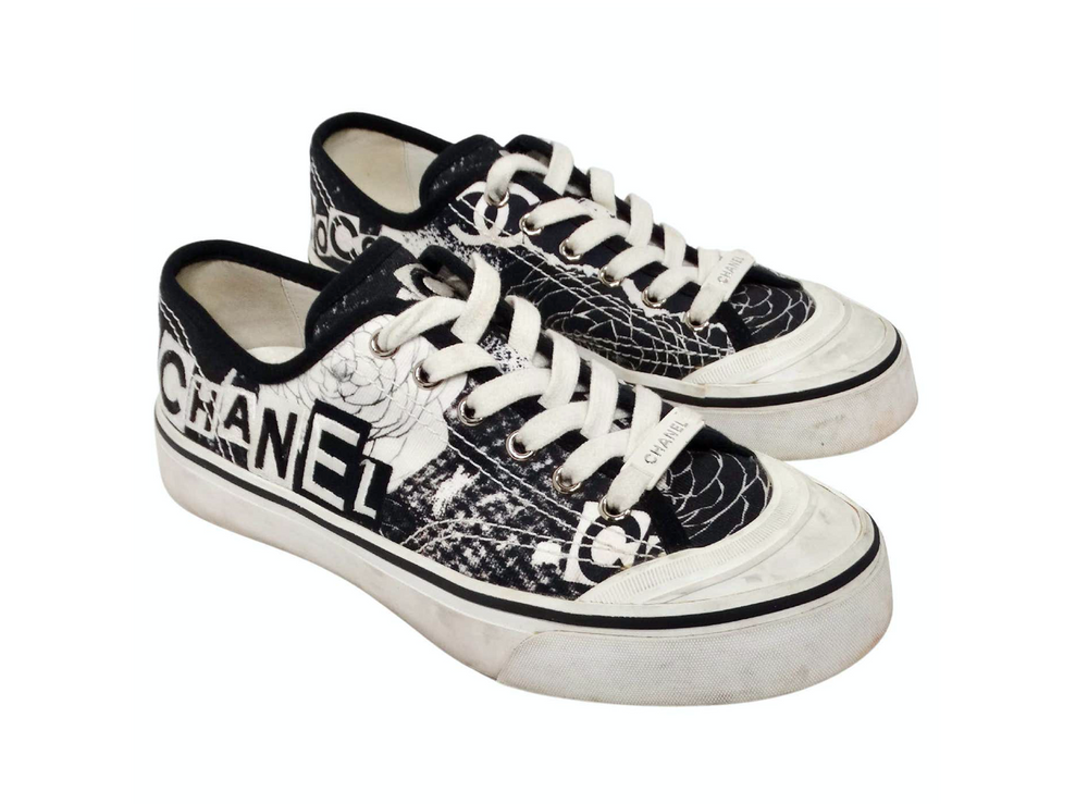 2020 Chanel Black & White Printed Fabric Low Top Sneakers