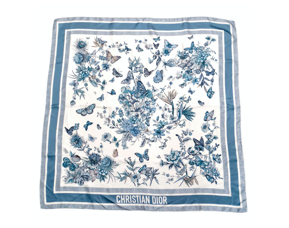 Christian Dior Blue & White Butterfly Garden Print Silk Scarf